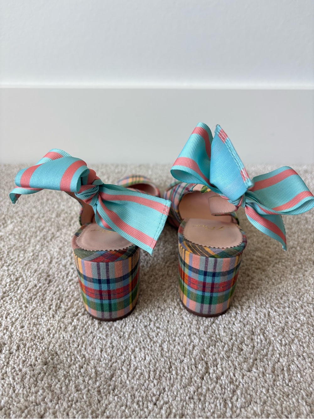 J. Crew Bow-Back Slingback Pumps Pastel Ribbon Plaid Block Heel Preppy Coquette - Picture 10 of 12